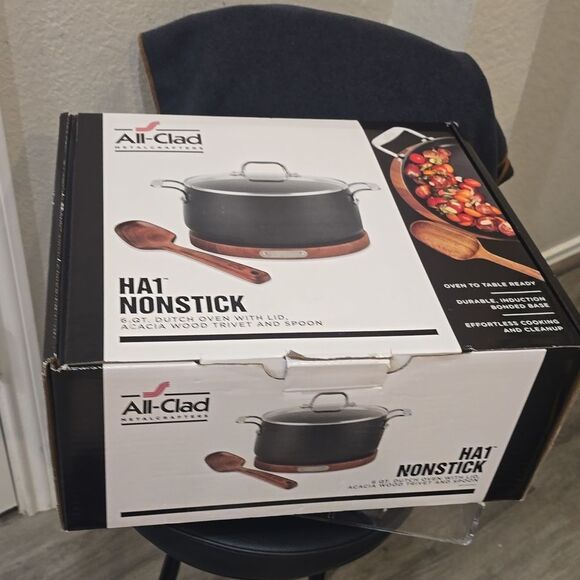 All-Clad HA1 Nonstick 6QT Dutch Oven w/Lid, Acacia Wood Trivet, & Spoon - Picture 7 of 9